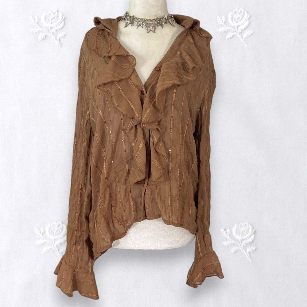 Adolfo Tan Ruffled Blouse